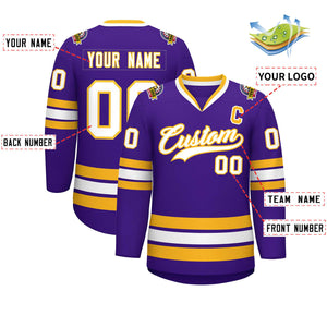 Custom Purple White-Gold Classic Style Hockey Jersey