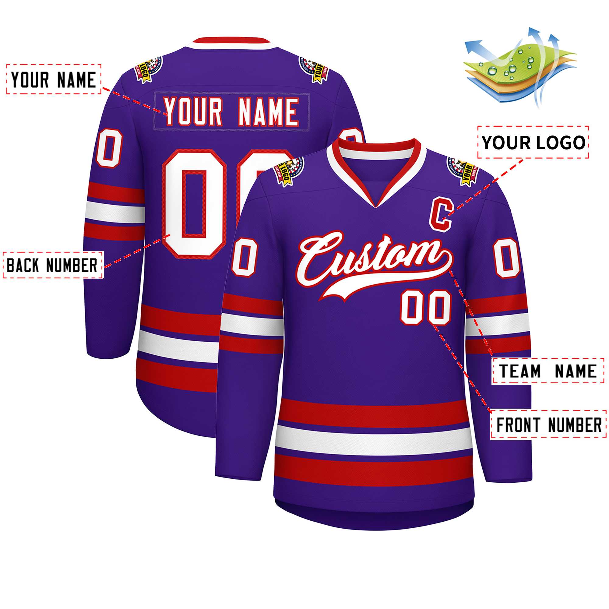 Custom Purple White-Red Classic Style Hockey Jersey