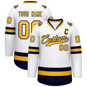 Custom White Gold-Navy Classic Style Hockey Jersey