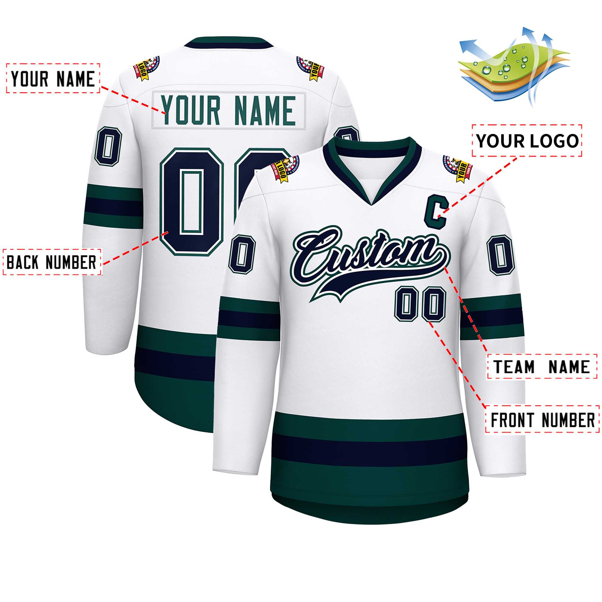 Maillot de hockey de style classique blanc marine blanc-vert minuit personnalisé