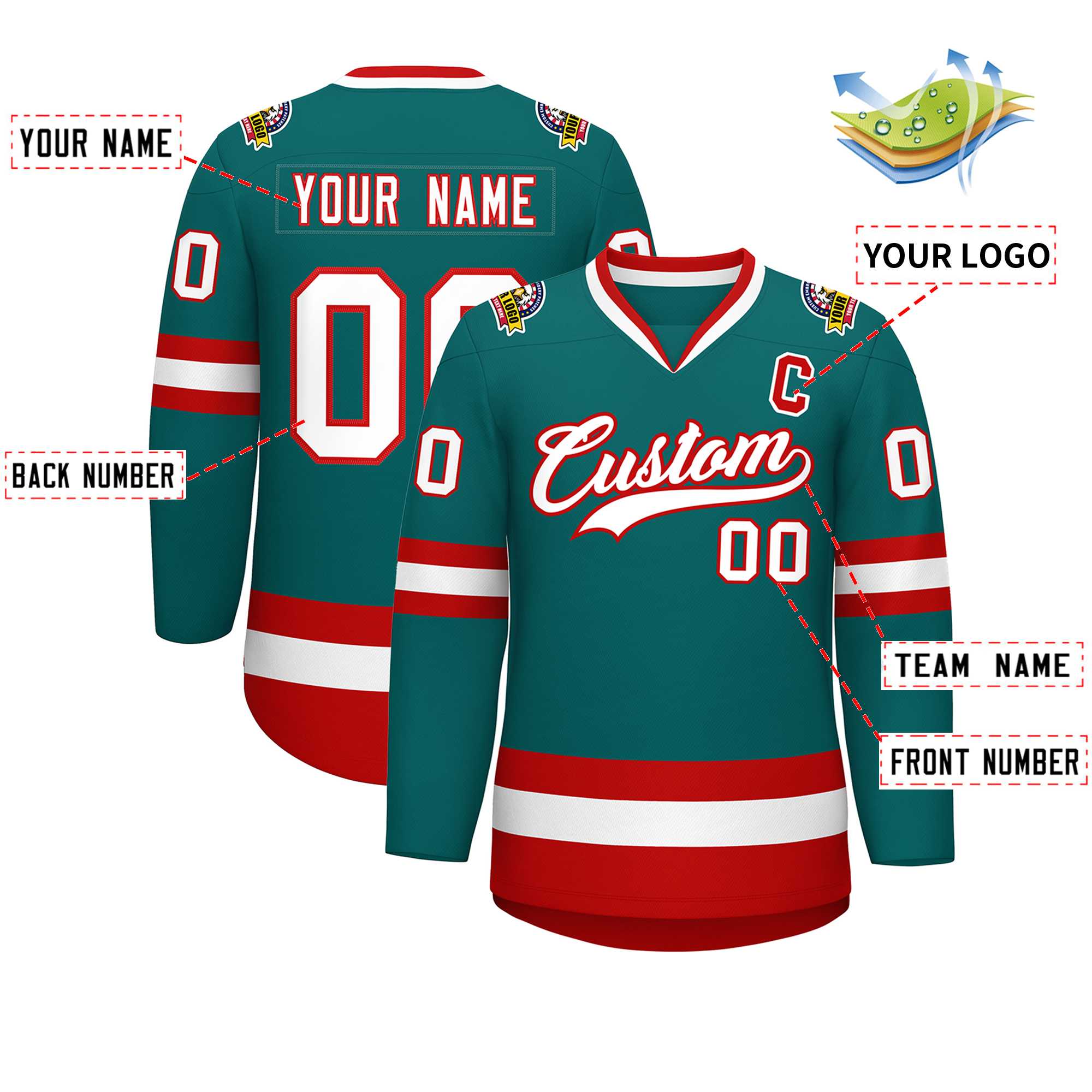 Custom Teal White-Red Classic Style Hockey Jersey