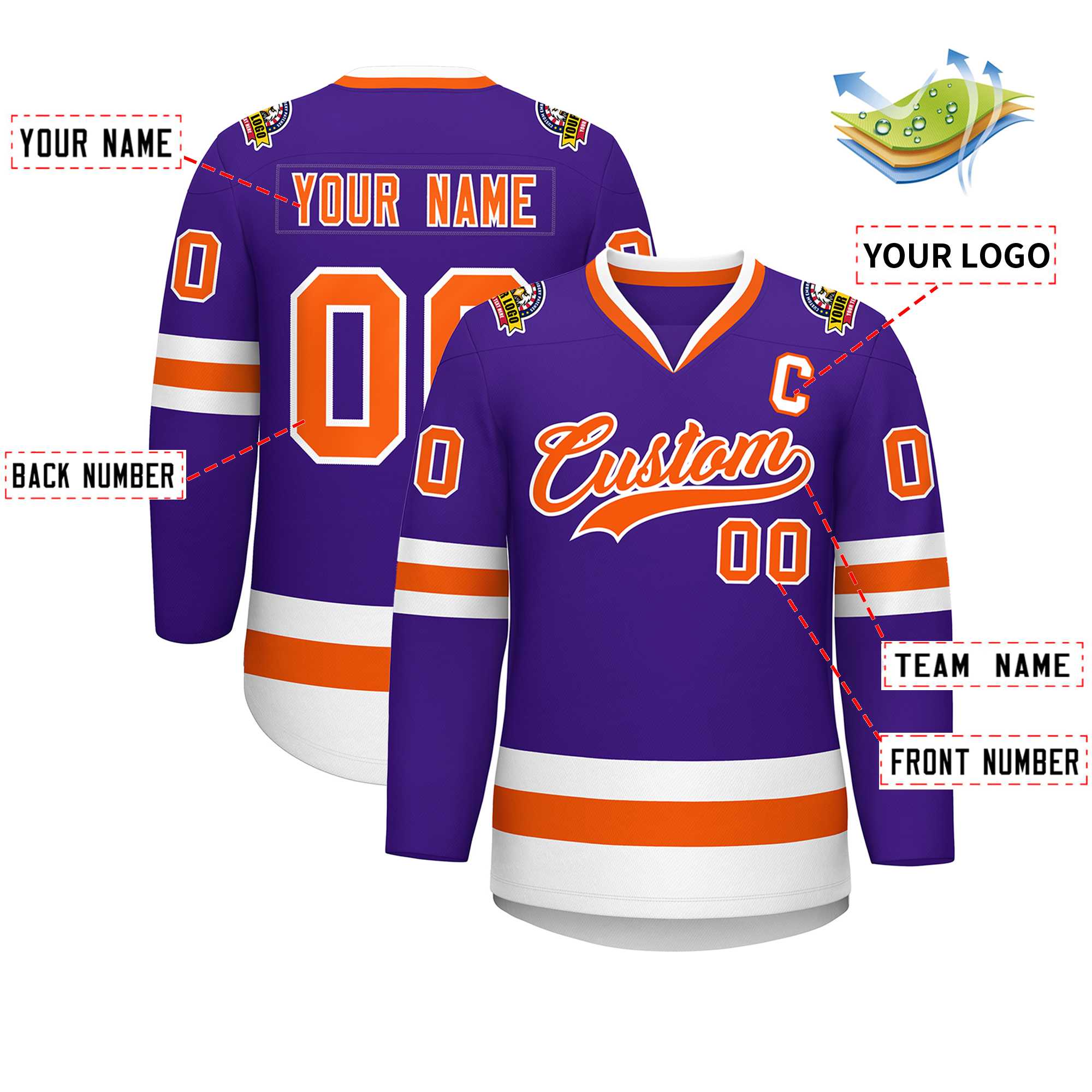 Maillot de hockey de style classique violet orange-blanc personnalisé