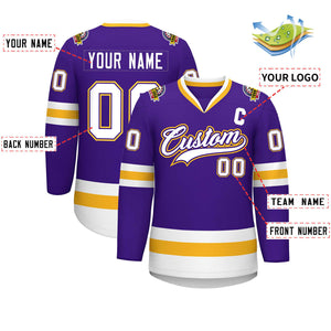 Custom Purple White Purple-Gold Classic Style Hockey Jersey