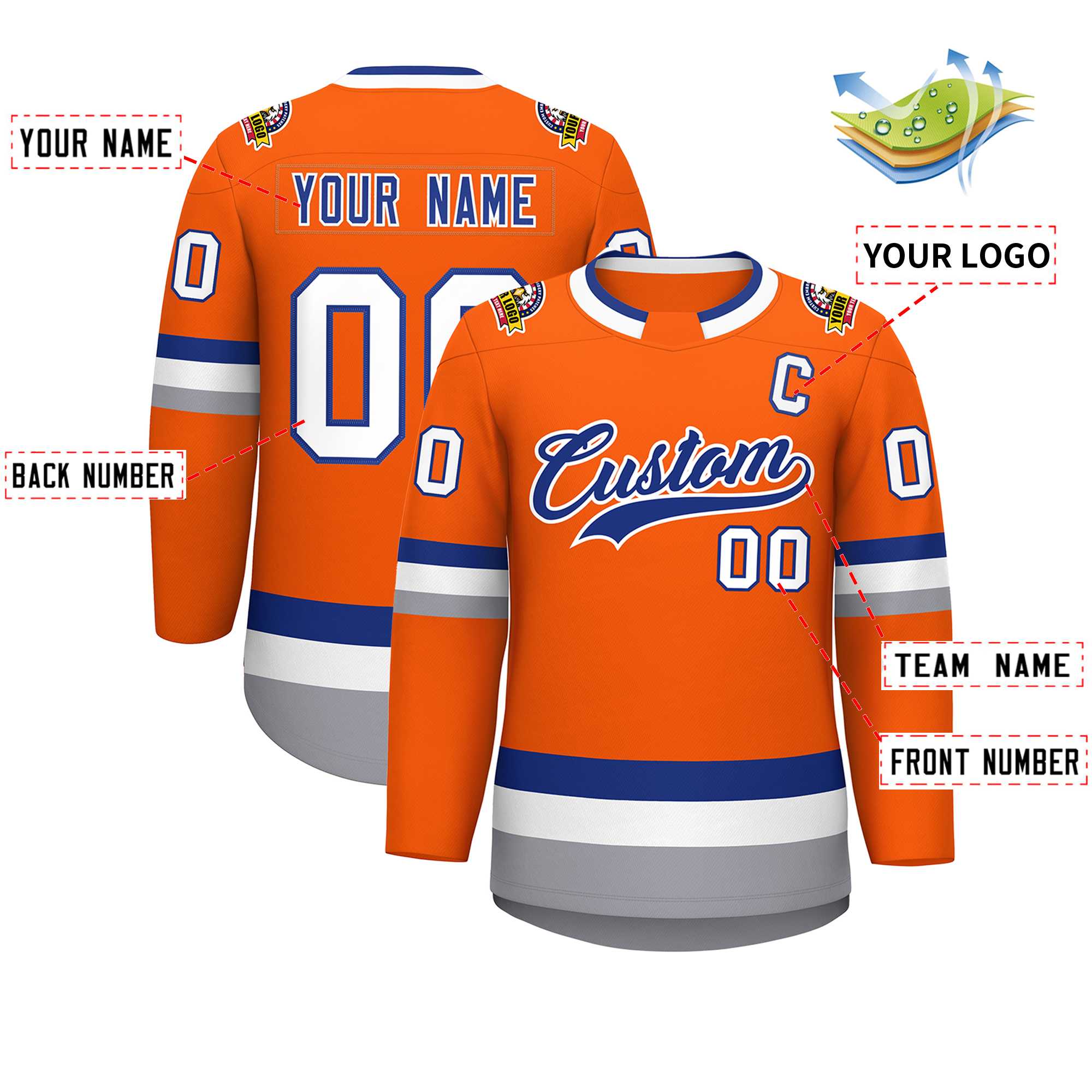 Maillot de hockey de style classique orange royal-blanc personnalisé