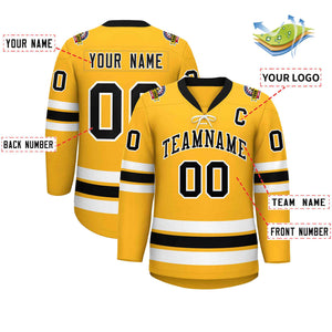 Custom Gold Black-White Lace-Up Neck Hockey Jersey