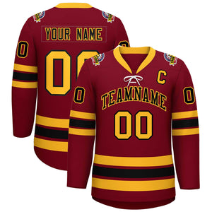 Custom Crimson Black-Yellow Lace-Up Neck Hockey Jersey