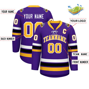 Custom Purple Yellow-White Lace-Up Neck Hockey Jersey