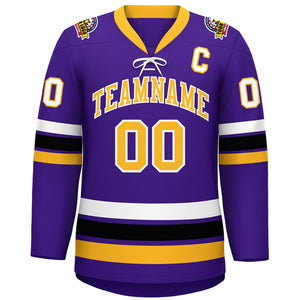 Custom Purple Yellow-White Lace-Up Neck Hockey Jersey