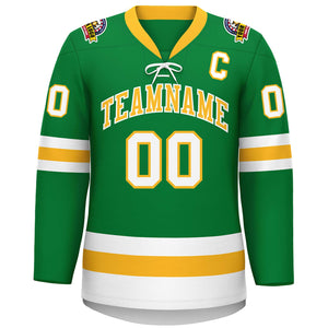 Custom Kelly Green Gold-White Lace-Up Neck Hockey Jersey