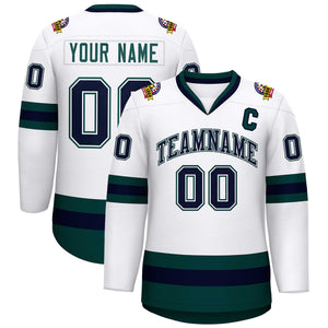 Custom White Navy White-Midnight Green Classic Style Hockey Jersey