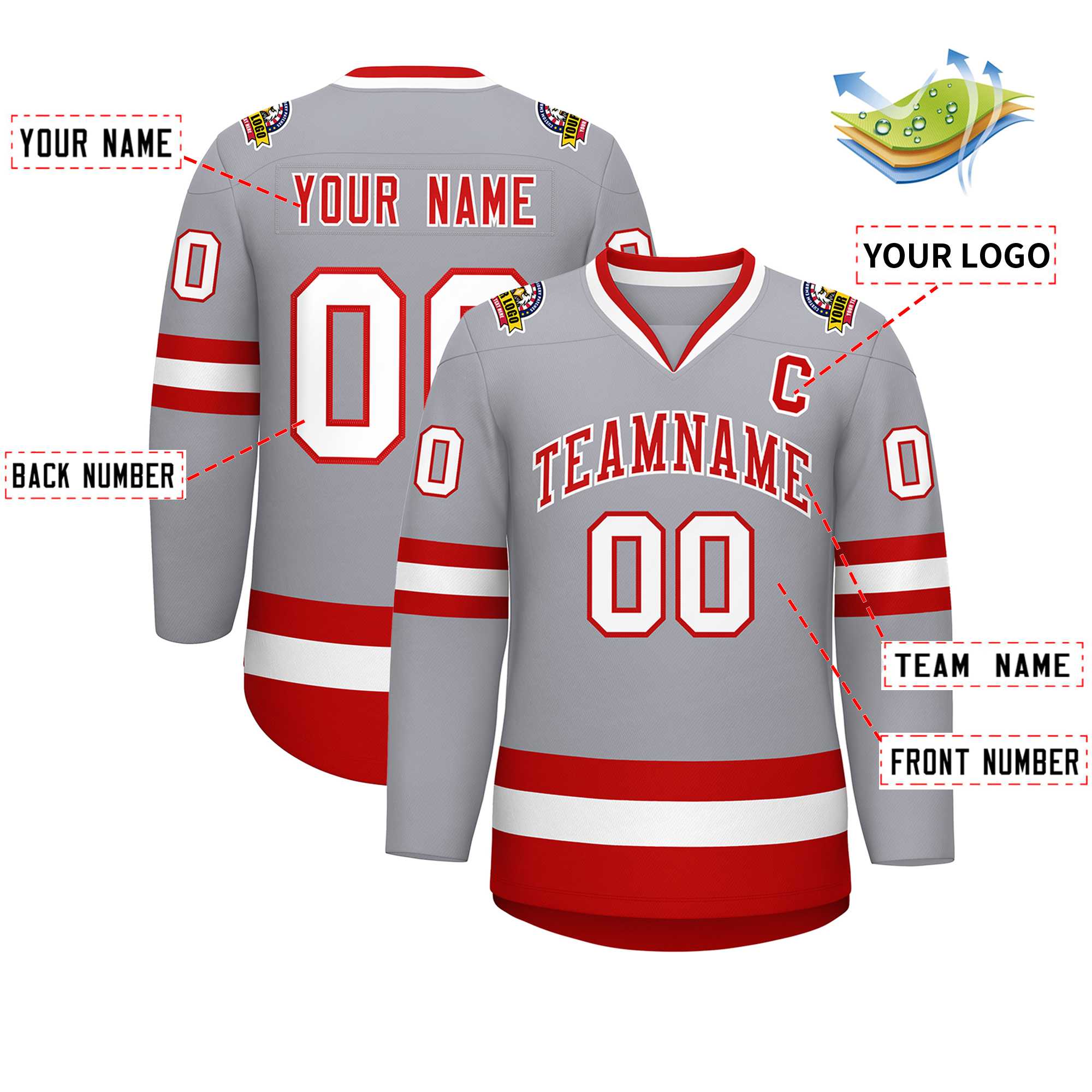 Maillot de hockey de style classique gris rouge-blanc personnalisé