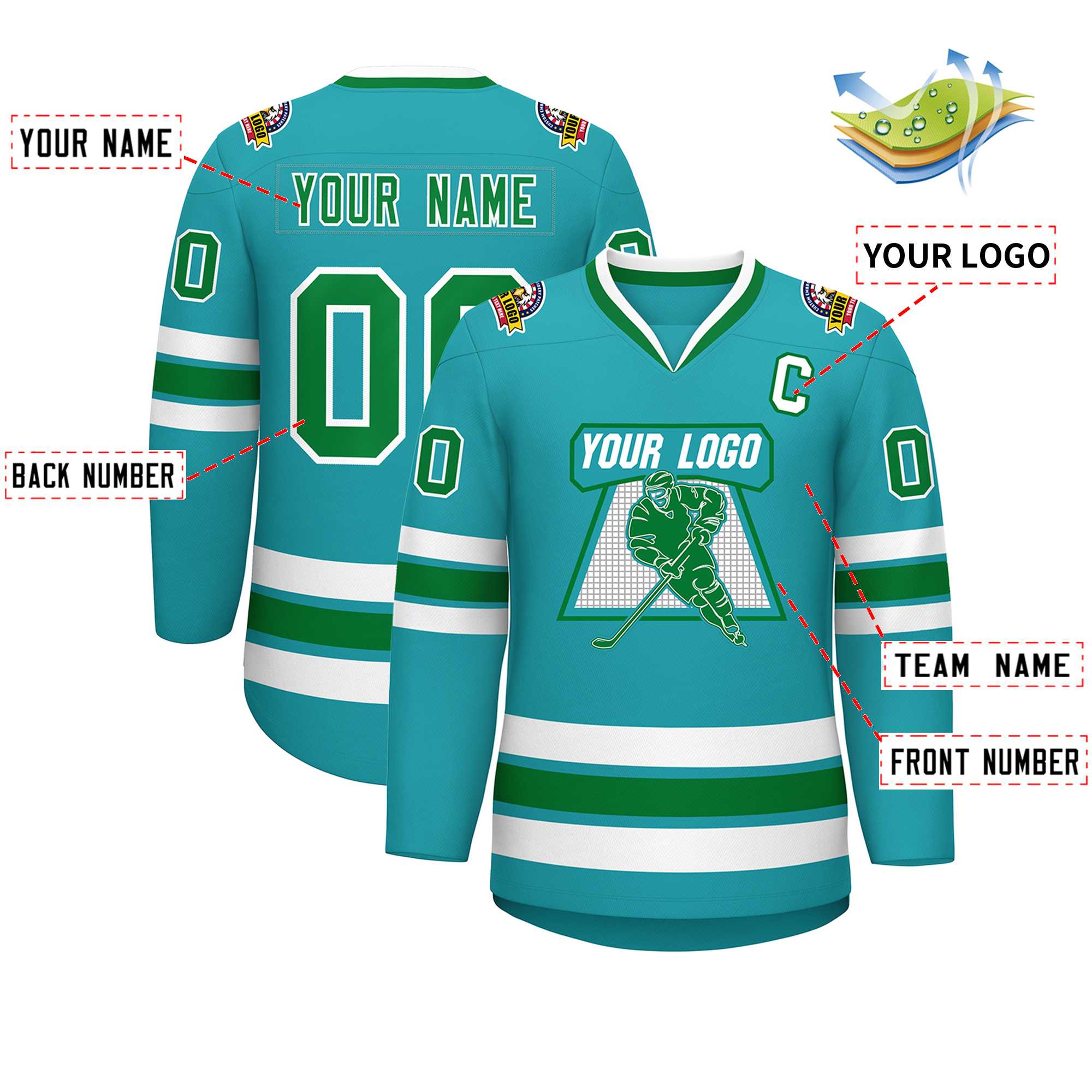 Maillot de hockey de style classique Aqua Kelly personnalisé vert-blanc