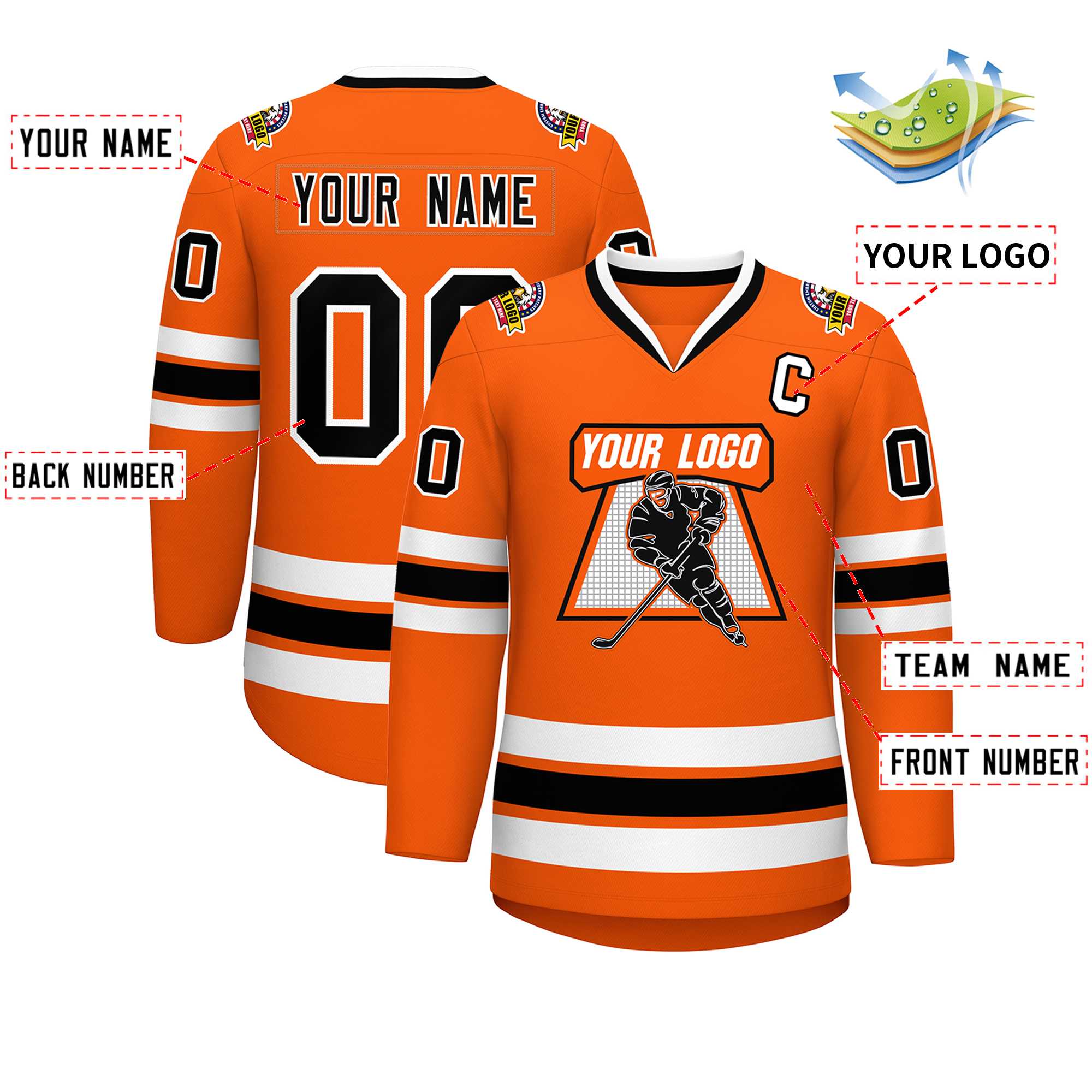 Maillot de hockey de style classique orange noir-blanc personnalisé