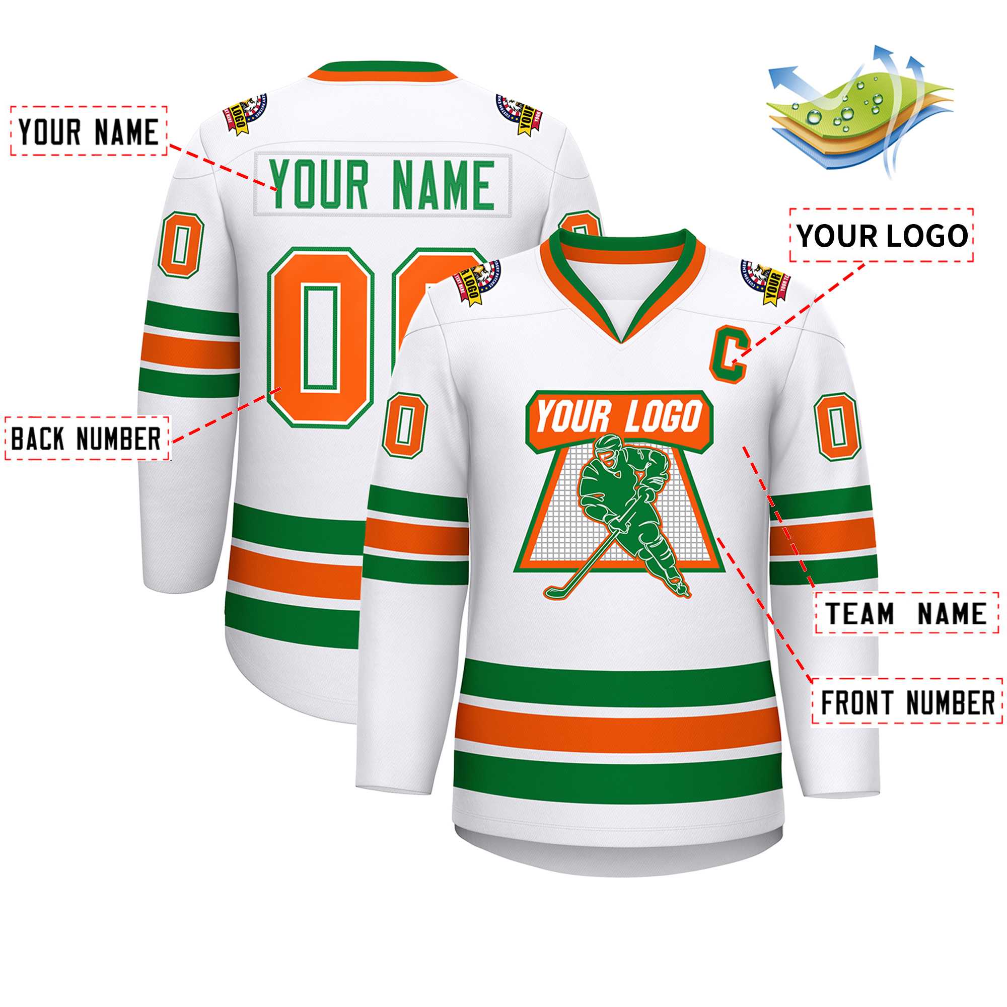 Maillot de hockey personnalisé blanc Kelly vert blanc-Orange, style classique