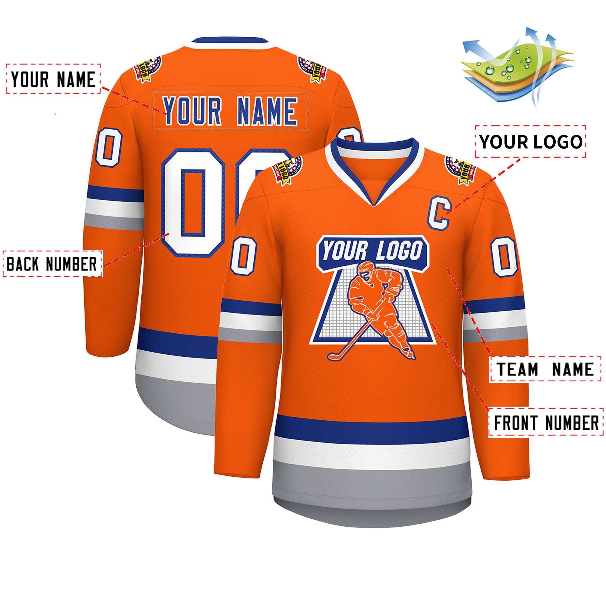 Maillot de hockey de style classique orange royal-blanc personnalisé