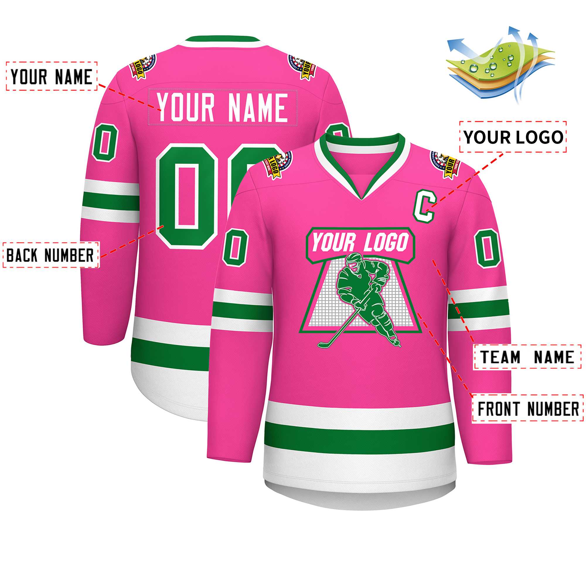 Custom Pink Kelly Green-White Classic Style Hockey Jersey