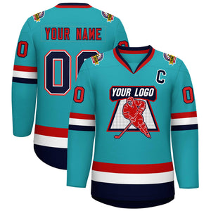 Maillot de hockey de style classique Aqua Navy blanc-rouge personnalisé