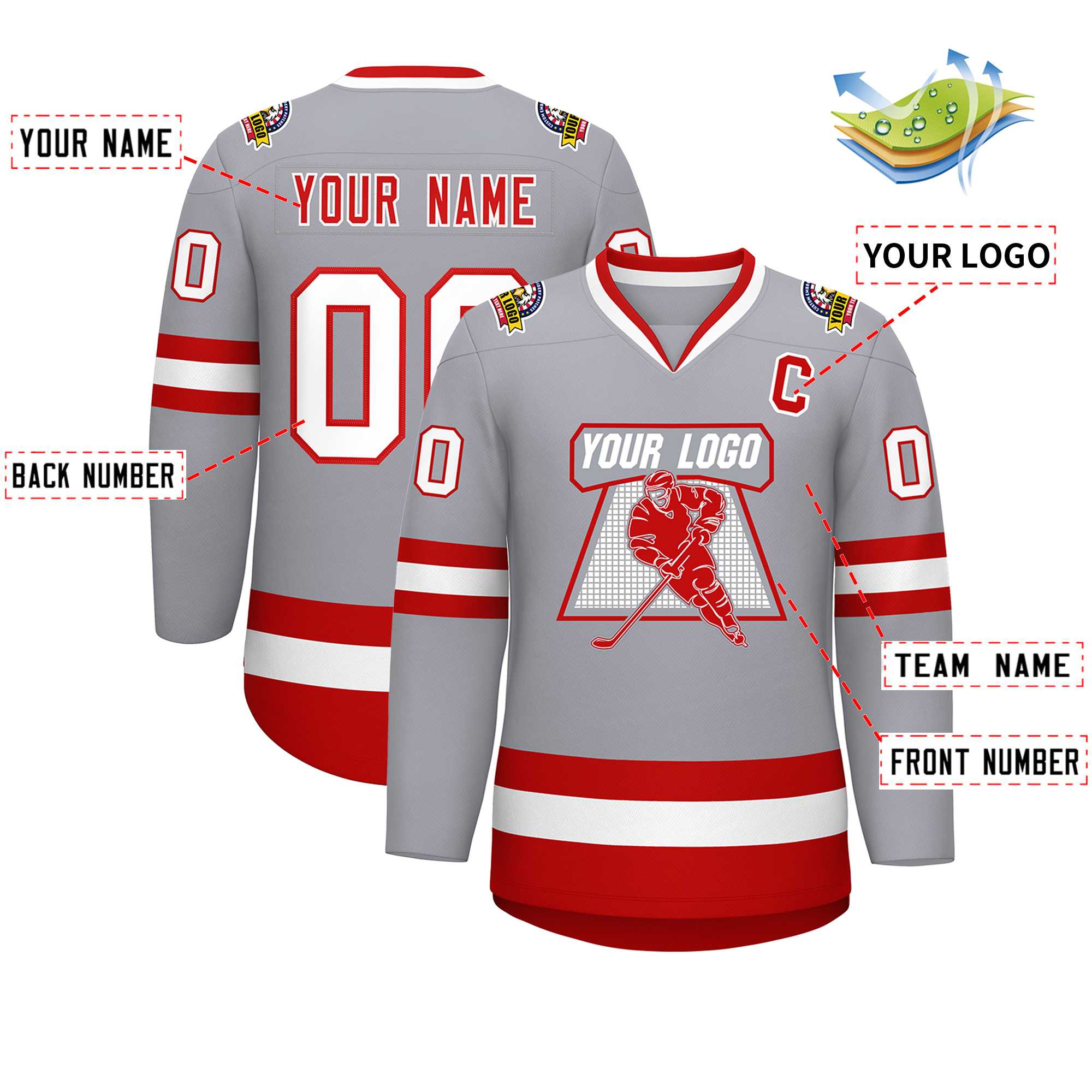 Maillot de hockey de style classique gris rouge-blanc personnalisé