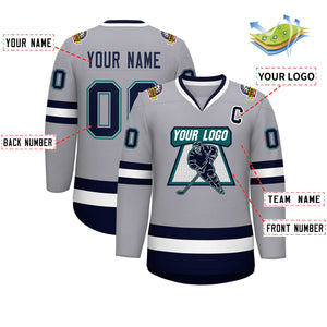 Custom Gray Navy Gray-Aqua Classic Style Hockey Jersey