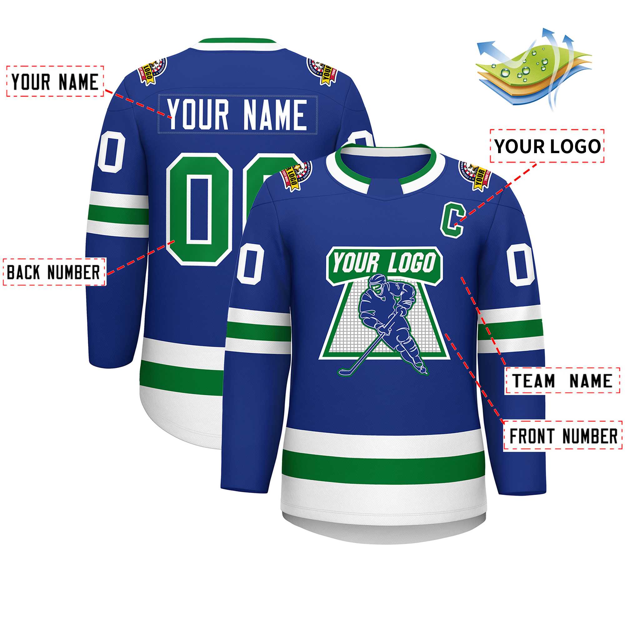 Maillot de hockey personnalisé Royal Kelly vert-blanc de style classique