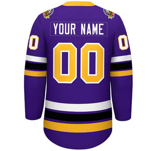 Custom Purple Yellow-White Lace-Up Neck Hockey Jersey