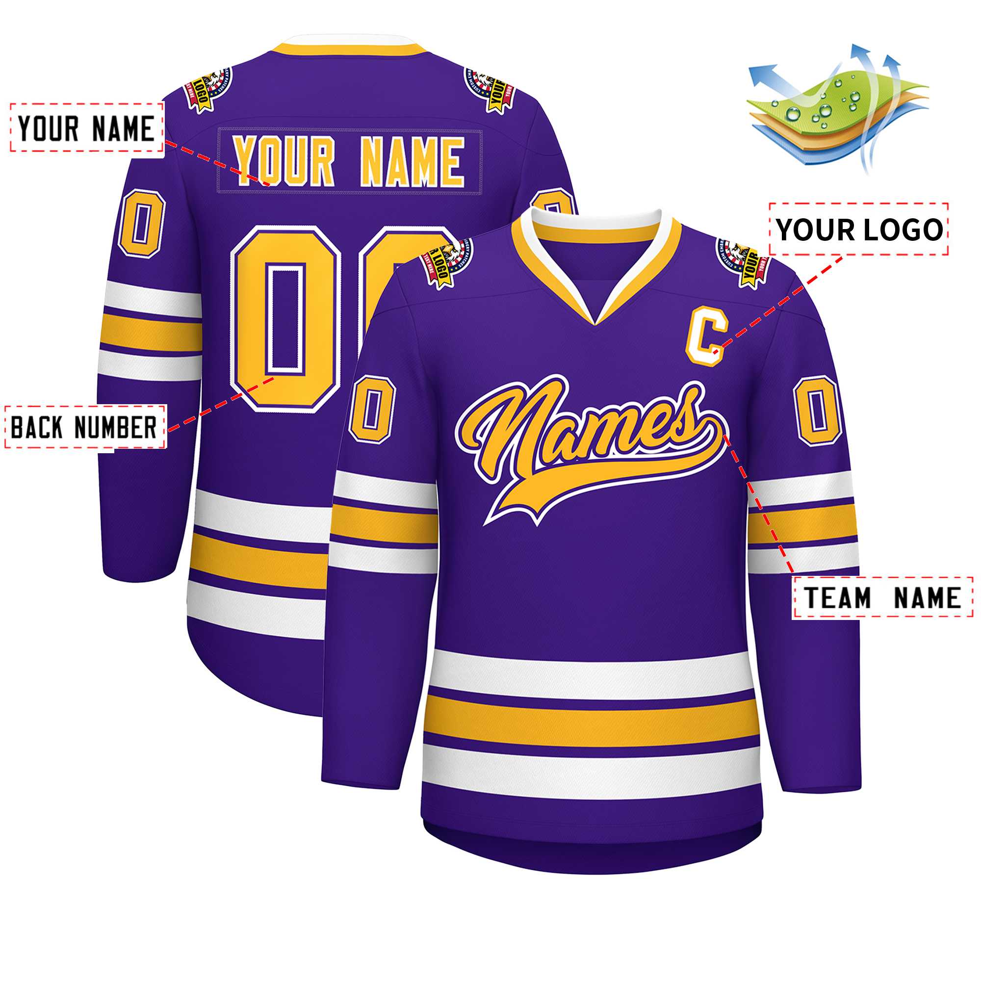 Custom Purple Gold Purple-White Classic Style Hockey Jersey