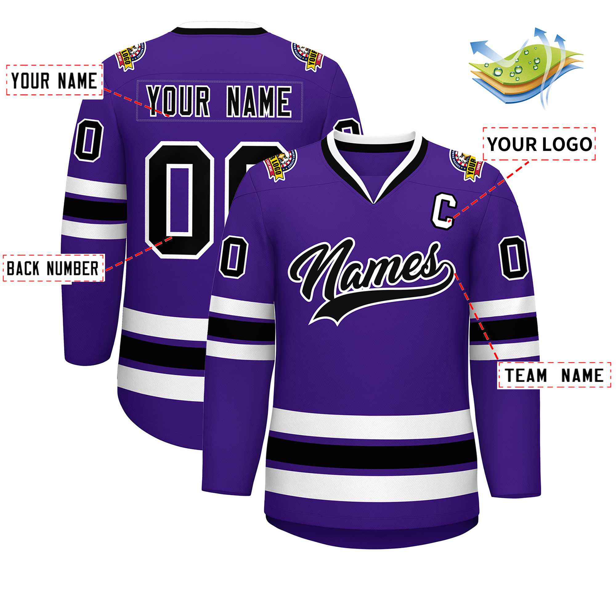 Custom Purple Black-White Classic Style Hockey Jersey