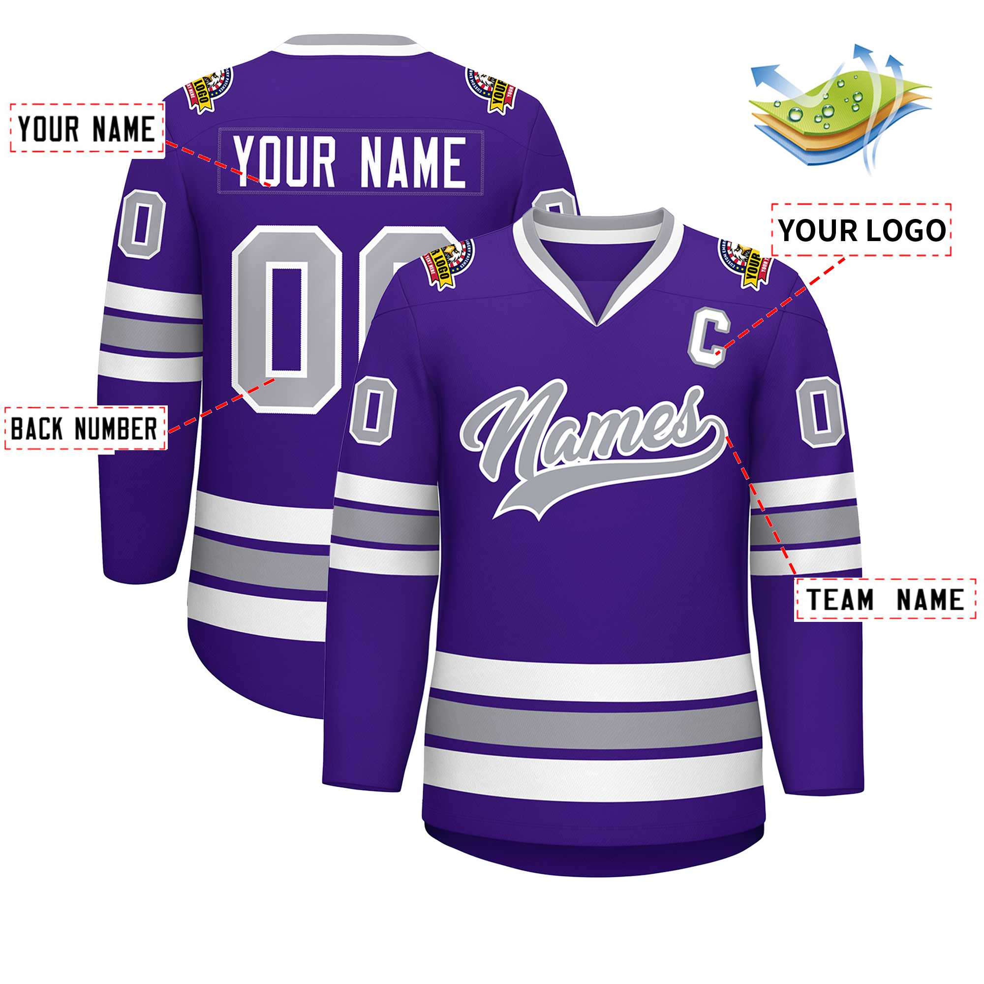 Custom Purple Gray-White Classic Style Hockey Jersey