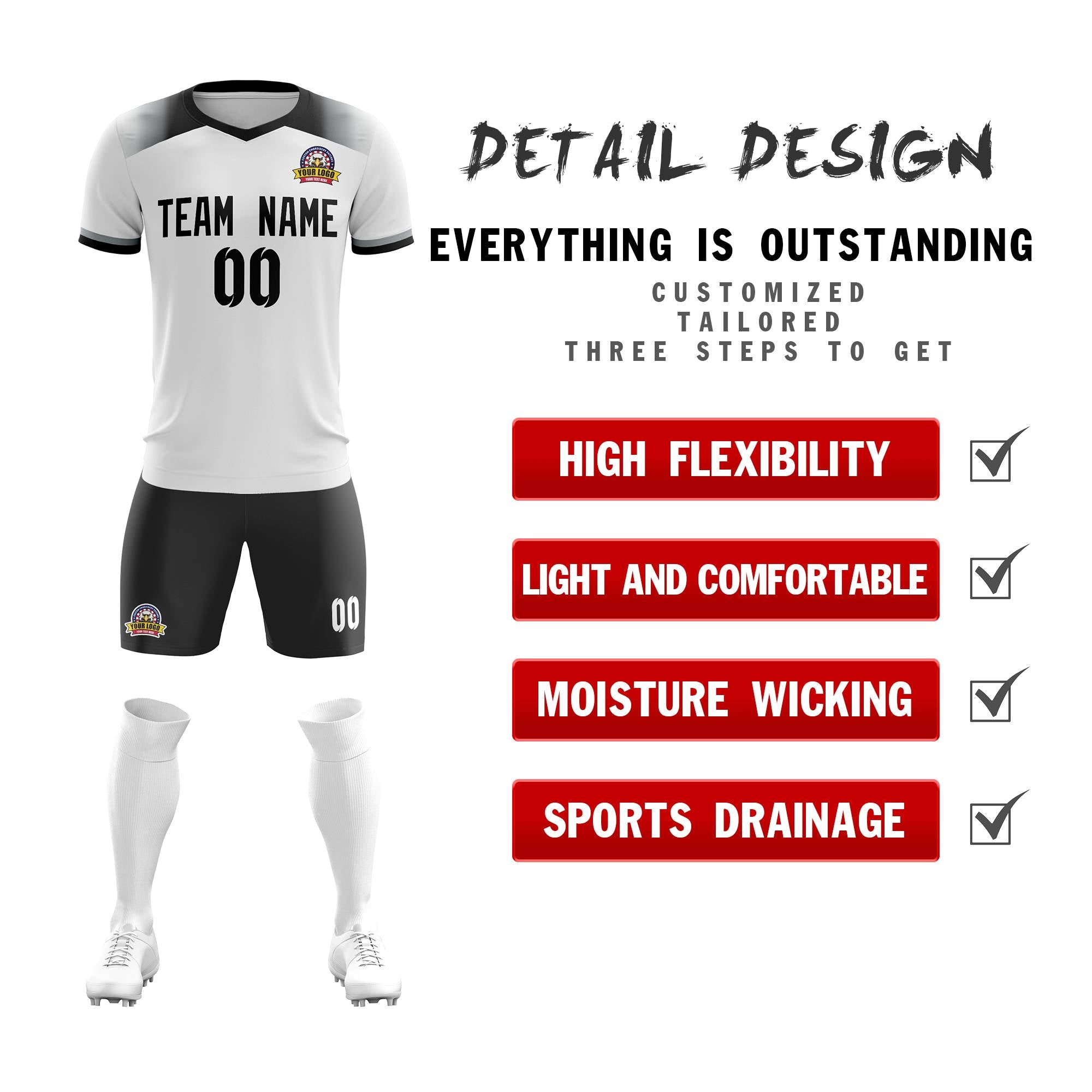 Custom White Black Casual Sport Soccer Sets Jersey