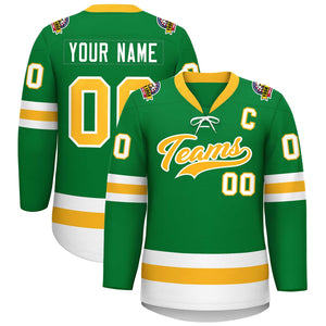 Custom Kelly Green Gold-White Lace-Up Neck Hockey Jersey