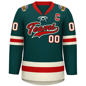 Custom Midnight Green Red-Cream Lace-Up Neck Hockey Jersey