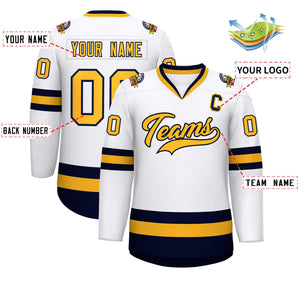 Custom White Gold-Navy Classic Style Hockey Jersey