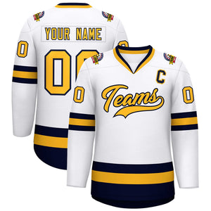 Custom White Gold-Navy Classic Style Hockey Jersey