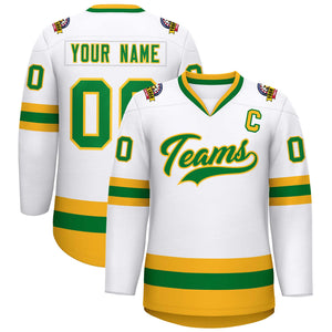 Custom White Kelly Green-Gold Classic Style Hockey Jersey