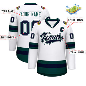 Custom White Navy White-Midnight Green Classic Style Hockey Jersey