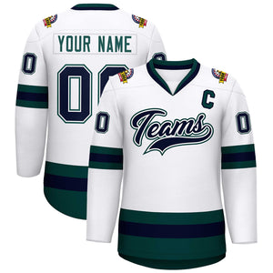 Custom White Navy White-Midnight Green Classic Style Hockey Jersey