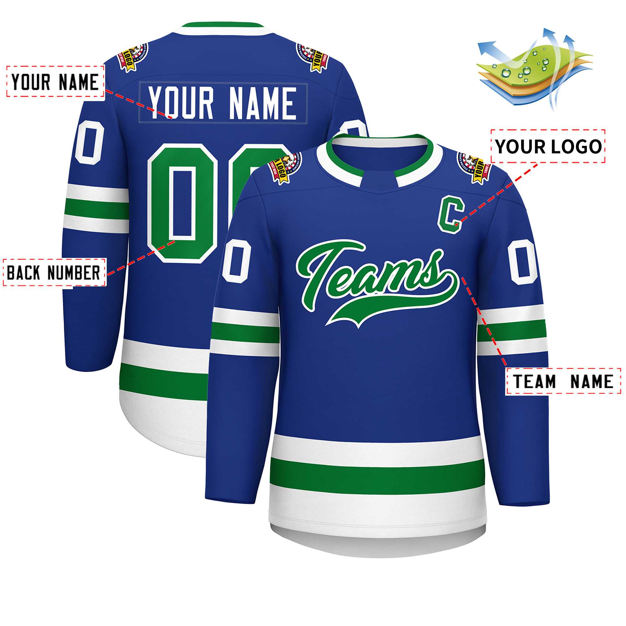 Maillot de hockey personnalisé Royal Kelly vert-blanc de style classique