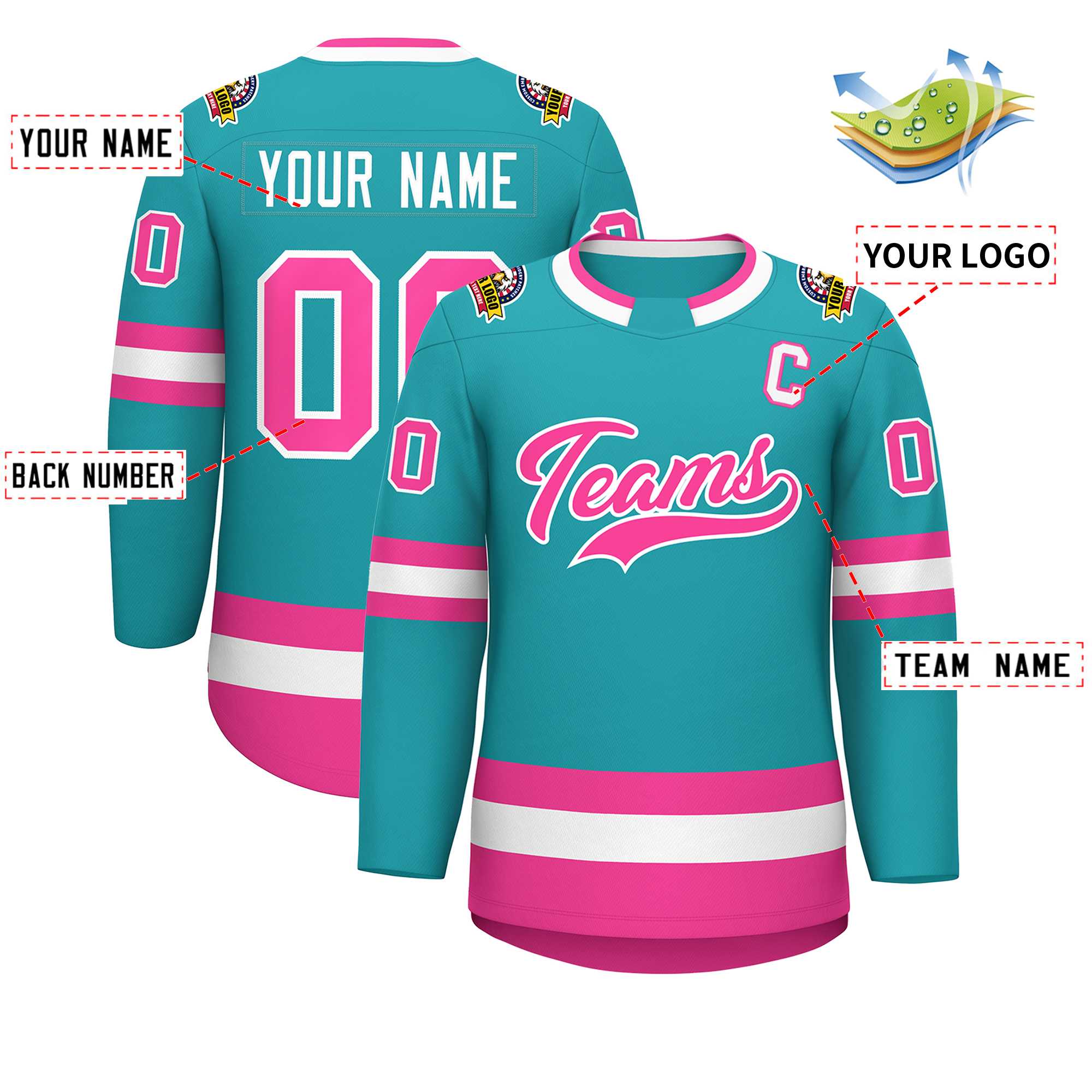 Maillot de hockey de style classique Aqua rose-blanc personnalisé