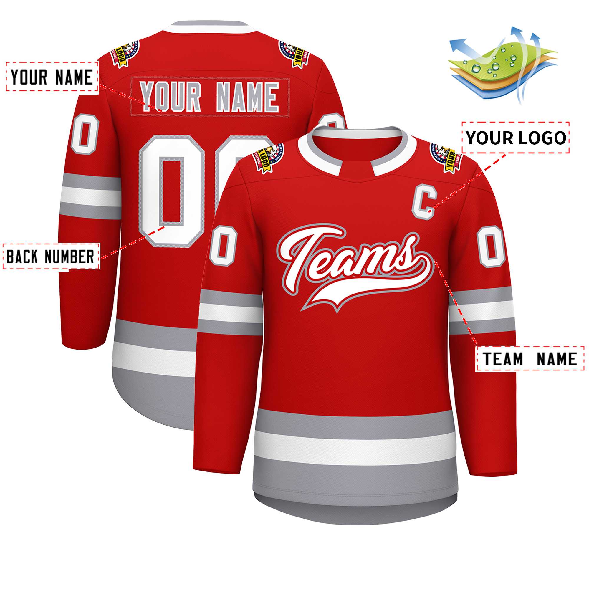 Maillot de hockey de style classique rouge blanc rouge-gris personnalisé