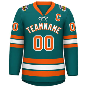 Custom Aqua White-Orange Lace-Up Neck Hockey Jersey