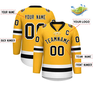 Custom Gold Black-White Lace-Up Neck Hockey Jersey