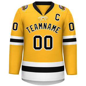 Custom Gold Black-White Lace-Up Neck Hockey Jersey