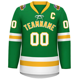 Custom Kelly Green Gold-White Lace-Up Neck Hockey Jersey