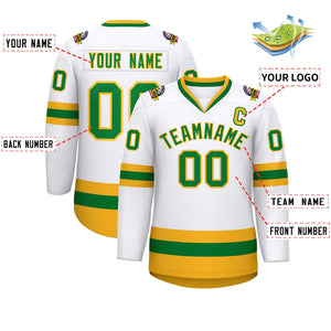 Custom White Kelly Green-Gold Classic Style Hockey Jersey