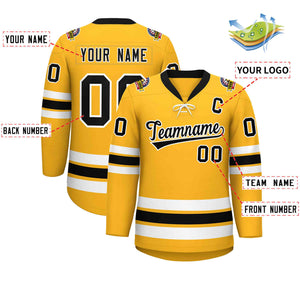 Custom Gold Black-White Lace-Up Neck Hockey Jersey