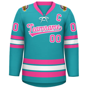 Custom Aqua Pink-White Lace-Up Neck Hockey Jersey