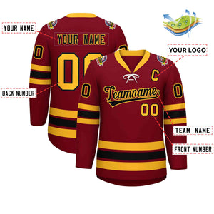 Custom Crimson Black-Yellow Lace-Up Neck Hockey Jersey