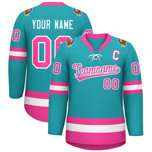 Custom Aqua Pink-White Lace-Up Neck Hockey Jersey