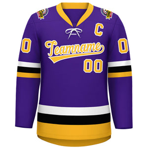 Custom Purple Gold-White Lace-Up Neck Hockey Jersey