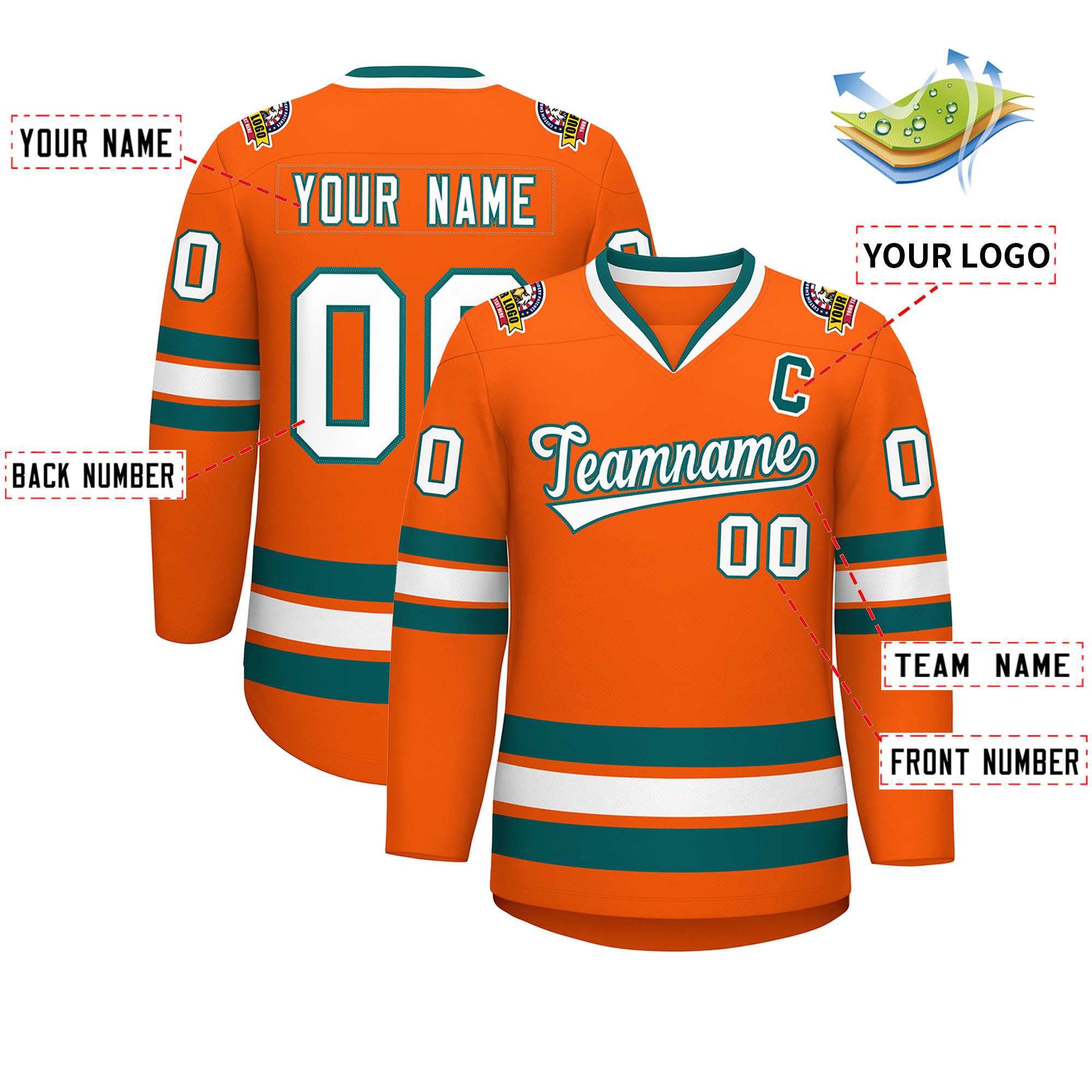 Maillot de hockey de style classique orange blanc-aqua personnalisé